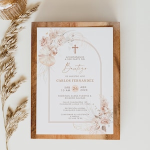 Bohemian beige arch floral baptism invitation in spanish printable, invitación bautizo niño o niña en español, christening party invite -C20