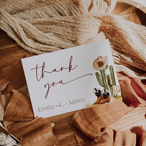 Wild West wedding thank you card template, desert cactus boho flat thank you card, cowboy hat and cowgirl boots wedding thank you note -C229
