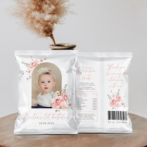 First birthday girl template chip bag with photo decor, modern blush pink floral snacks bag wrappers label, 1st birthday party favors - C371