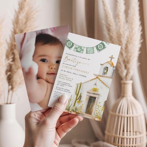 Sage green Invitación de bautizo en español para niños, spanish baptism invitation editable, invitación bautizo nino - C341