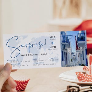 Surprise travel gift ticket to Santorini template, custom Santorini boarding pass, flight gift fake ticket, boarding pass airplane to Greece
