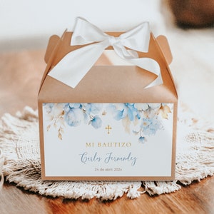 Light blue floral baptism gable box label in spanish printable, etiqueta de caja regalo de bautismo moderna en español, mi bautizo -C041