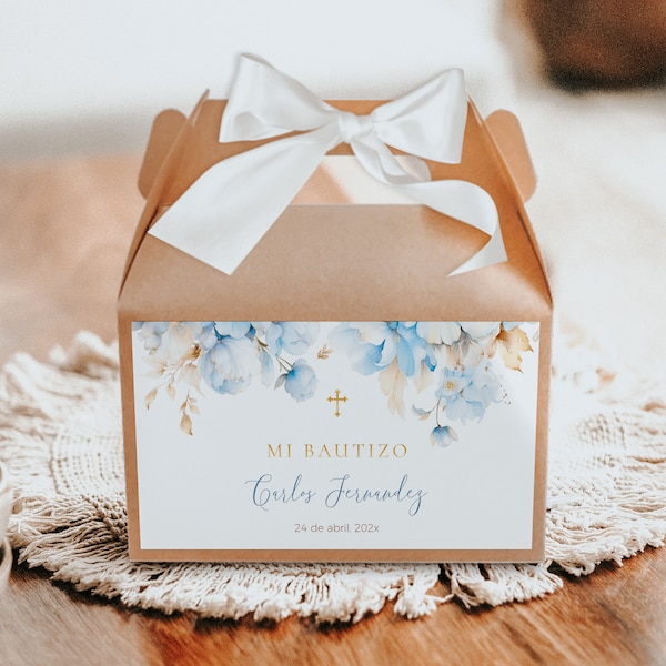 Light blue floral baptism gable box label in spanish printable, etiqueta de caja regalo de bautismo moderna en español, mi bautizo -C041