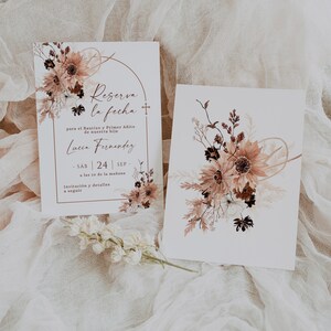 May include: Two rectangular white cards featuring floral illustrations in shades of brown, tan, and cream. The left card displays the text "Reserva la fecha para el Bautizo y Primer Añito de nuestra hija Lucia Fernandez SÁB 24 SEP".