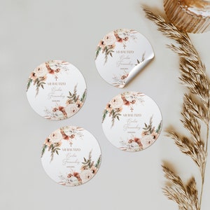 Round boy or girl baptism stickers printable in spanish, boho bautizo pegatina niño español, christening stickers with beige flowers -C029