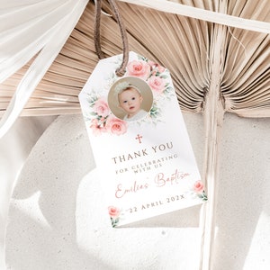 Baptism pink flowers thank you tags template, boho favor tag, gift tags rectangular with photo for christening, baptism gift favor - C142