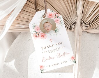 Baptism pink flowers thank you tags template, boho favor tag, gift tags rectangular with photo for christening, baptism gift favor - C142