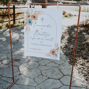Editable religious welcome sign baptism and 1st birthday in spanish, bienvenida bautizo y primer ano flores azules niño poster español -C016