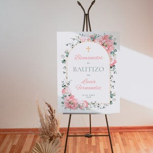 Bohemian blush pink floral baptism welcome banner printable in spanish, arco de flores para niña bienvenidos a bautizo sign en español -C003