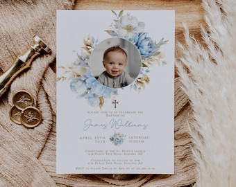 May include: Baptism invitation featuring a baby's photo surrounded by blue floral accents. The invitation includes the text "Please join us to celebrate the baptism of James Williams" and event details.