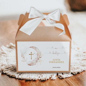 Baptism boy girl boho gable box labels spanish printable, plumas beige gold baptism favor boxes, elegant christening favor gift label - C21