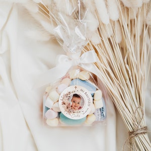 Round beige boho sticker baptism with photo in spanish, pegatinas bautizo español, gender neutral religioso bautizo label spanish -C025