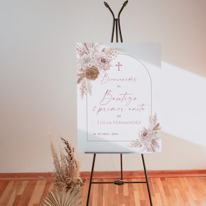 Editable religious welcome sign baptism and 1st birthday in spanish, bienvenida bautizo y primer ano flores azules niña poster español -C065