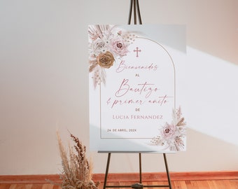 Editable religious welcome sign baptism and 1st birthday in spanish, bienvenida bautizo y primer ano flores azules niña poster español -C065