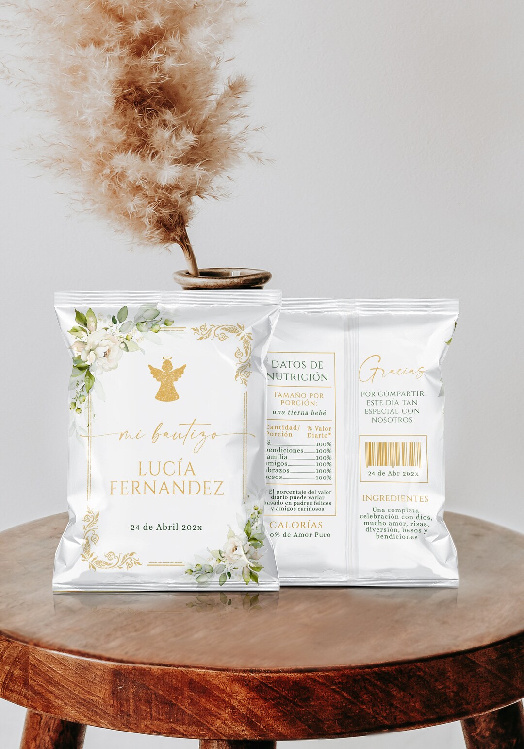 Mi Bautizo Chip Bags Printable in Spanish, Green Floral Christening