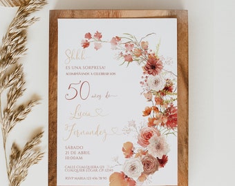 Floral invitación de 50 años en español, spanish 50th birthday surprise invitation printable, all ages adult invite, es una sorpresa -C056