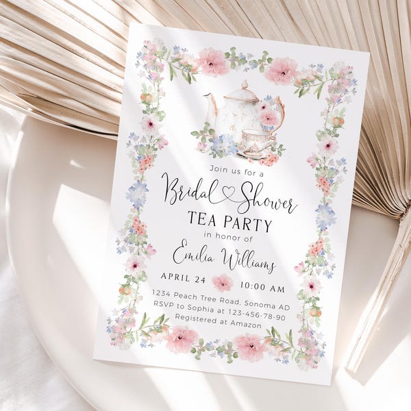 Tea Party bridal shower rustic invitation template, pink blue wildflowers bridal shower invite, summer meadow flowers tea party invite -C454