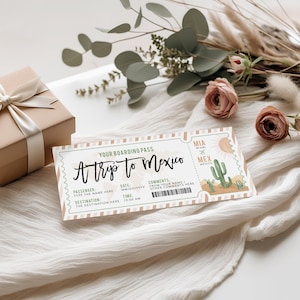 Editable airplane to Mexico boarding pass, surprise travel ticket trip to Mexico, flight ticket gift, boarding pass with green desert cacti