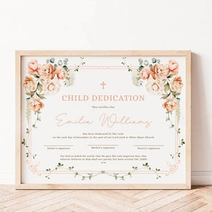 Dedication certificate baptism, beige pink flowers church certificate, editable child christening dedication, girl baby baptism gift - C166