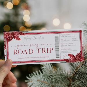 Surprise travel trip gift certificate printable, road trip christmas voucher, holly poinsettia invites weekend away trip, vacation by Car
