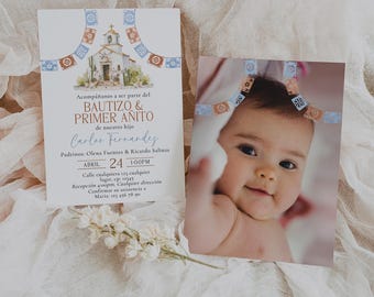 May include: A baptism and first birthday invitation featuring a photo of a baby and event details. The invitation card has a church illustration and decorative borders with text in Spanish. The baby photo is on a separate card.