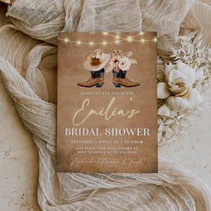 Country western bridal shower invite template, cowgirl boots in ranch wedding shower invite, pampas floral rustic bridal shower invite -C230
