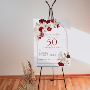 Adult 50th birthday welcome sign spanish printable, ruby white wildflowers 50th bday boho welcome poster, bienvenida de 50años español -C497