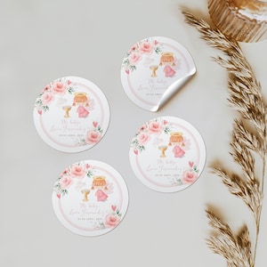 Angel & pink flowers stickers baptism in spanish, boho christening girl sticker favors, pegatinas bautizo niña en español imprimible - C152