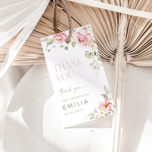 Blush pink flowers and greenery bridal shower favor tag template, boho garden roses showering thank you tags, custom wedding gift tags -C220