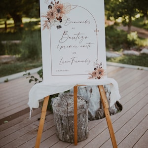 Minimalistic boho baptism & 1st bday welcome sign in spanish, bienvenida bautizo y primer añito niño niña con flores otoñalesen español -C26
