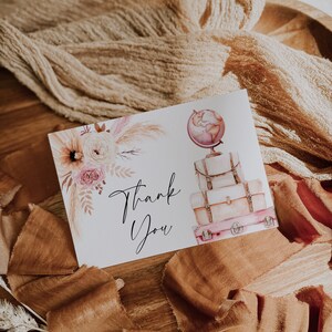 Blush pink thank you card template, boho floral bridal shower thank you card, flat note card, vintage suitcases & globe thank you card -C264