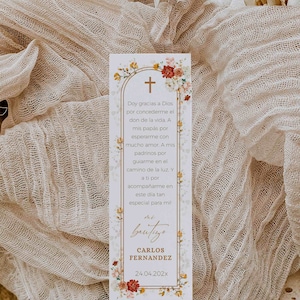 Summer colorful flowers boho baptism bookmark for boy girl editable spanish, bautizo flores de pradera marcapáginas para libros español -C13