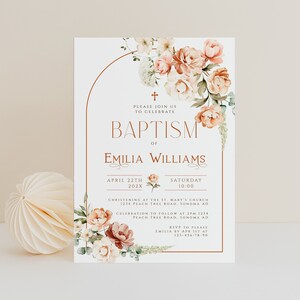Luxury peach floral baptism invitation template, arhc boho garden roses baptism invite, girl christening invite, holy communion invite -C158