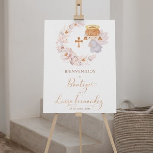 Pink floral and girl angel baptism welcome sign spanish template, christening party welcome poster spanish, póster de bautizo español -C154