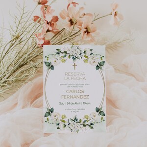 Religioso reserva la fecha bautizo invitacion en español printable,  invitation floral arch  bautizo save the date invitation spanish - C014