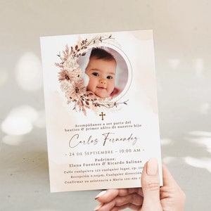 Bohemian invitation baptism and 1st birthday with photo in spanish printable, invitación religiosa para bautizo y primer cumpleaños -C025