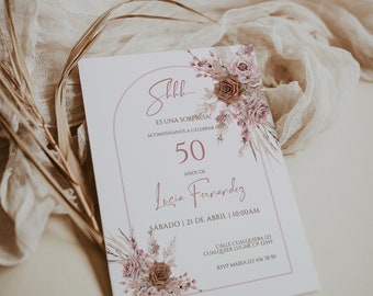 Arco con rosas boho, invitación sorpresa de 50 años en español, spanish 50th birthday invitation printable, all ages adult invitate -C054