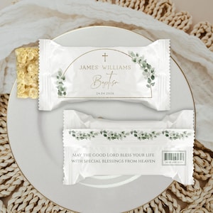 Rice krispy treats printable, rice krispies label with gold cross for baptism, eucalyptus leaves label, christening boy girl favors - C036