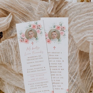 Floral oraciones para bautizo con foto niña printable, pink baptism prayer card in spanish, personalized tarjeta bautizo en español - C141