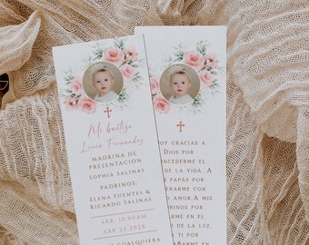 Floral oraciones para bautizo con foto niña printable, pink baptism prayer card in spanish, personalized tarjeta bautizo en español - C141