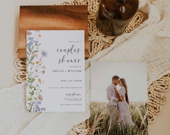 Colorful wildflower couples shower invite, summer floral bridal shower invitation template, boho flowers party couples shower invite - C293