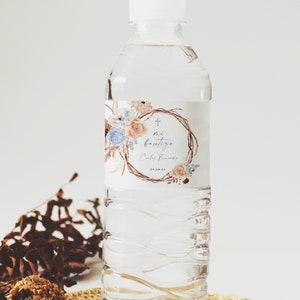 Bohemian water bottle labels template with blue beige flowers baptism in spanish, etiqueta para botella de agua bautismo personalizada - C28