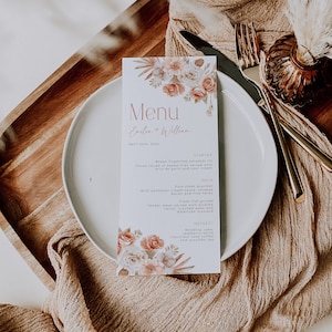 Modern peach flowers wedding menu, dinner menu cards printable, tropical flowers and palms leaf wedding menu, boho summer wedding menu -C277