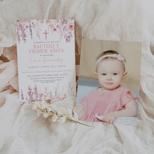 Baptism 1st birthday girl invitation spanish template, wildflowers rustic baptism invite, invitación bautizo y primer añito en español -C388