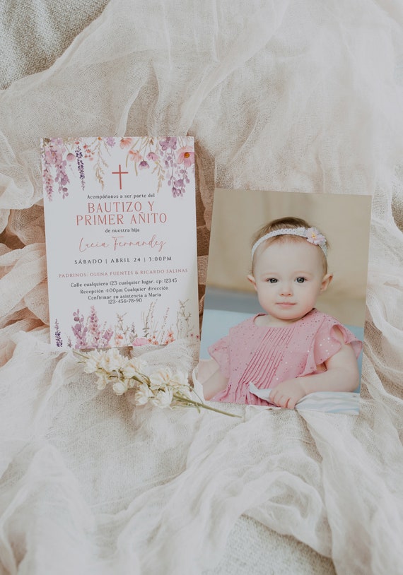 Baptism 1st birthday girl invitation spanish template, wildflowers rustic baptism invite, invitación bautizo y primer añito en español -C388