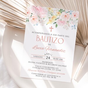 Summer colorful watercolor flowers baptism girl boho invitation spanish template, floral invitación bautizo español, dedication invite -C504