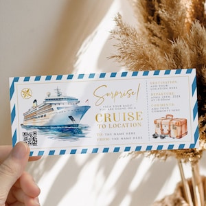 Surprise boarding pass ticket Cruise to Location template, fake on cruise ship ticket, trip vacation gift voucher, travel gift certificate