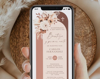 Smart telefon boho arco bautizo y primer anito digital evite en español, spanska blommiga dop och 1-års telefoninbjudan - C002