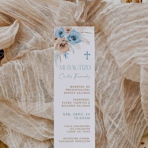 Floral blue baptism prayer card spanish editable, mi bautizo tarjeta de oración para niño en español, boho boy prayer card in spanish - C015