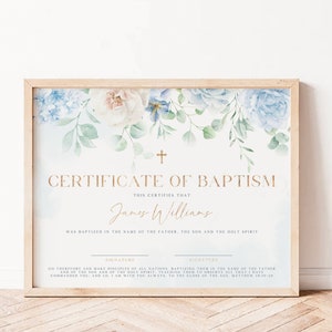 Boho blue roses Certificate of Baptism template, child baptism certificate, dedication certificate baptism boy, church baptism gift - C302